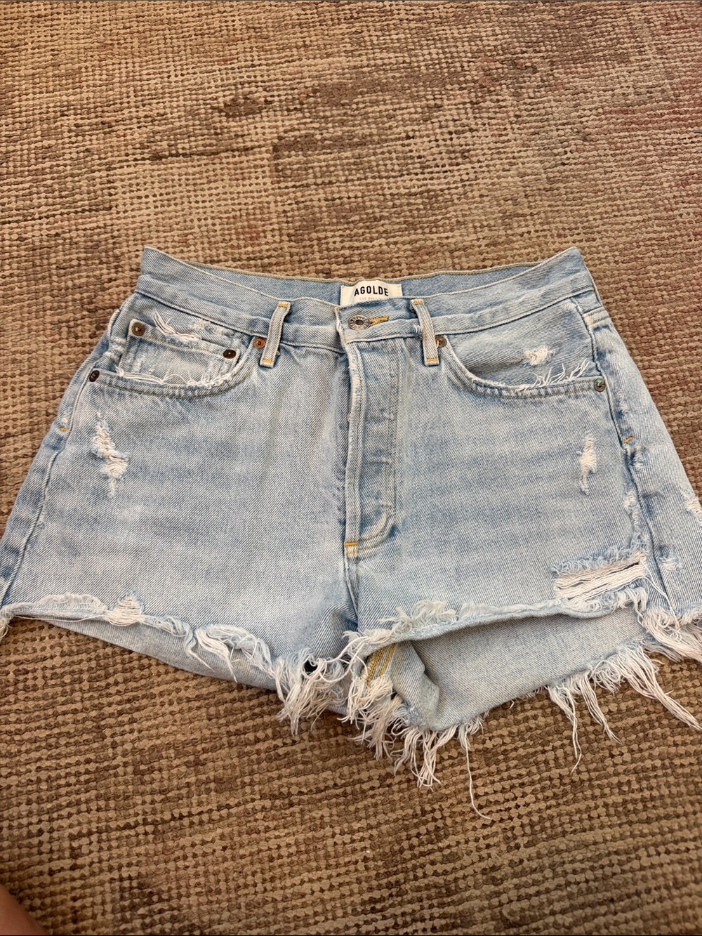Agolde Light Blue Distressed Denim Cutoff Shorts